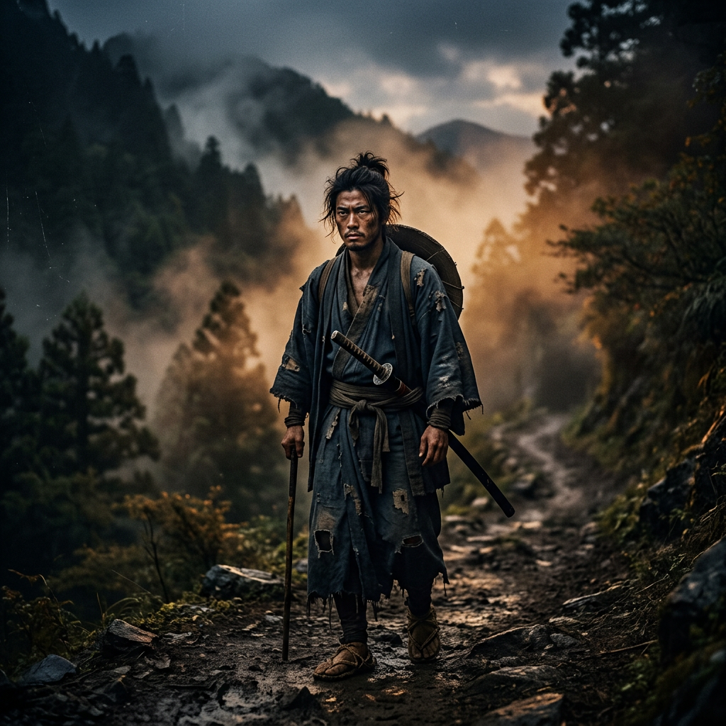 暮色山道上手按刀柄的年輕浪人