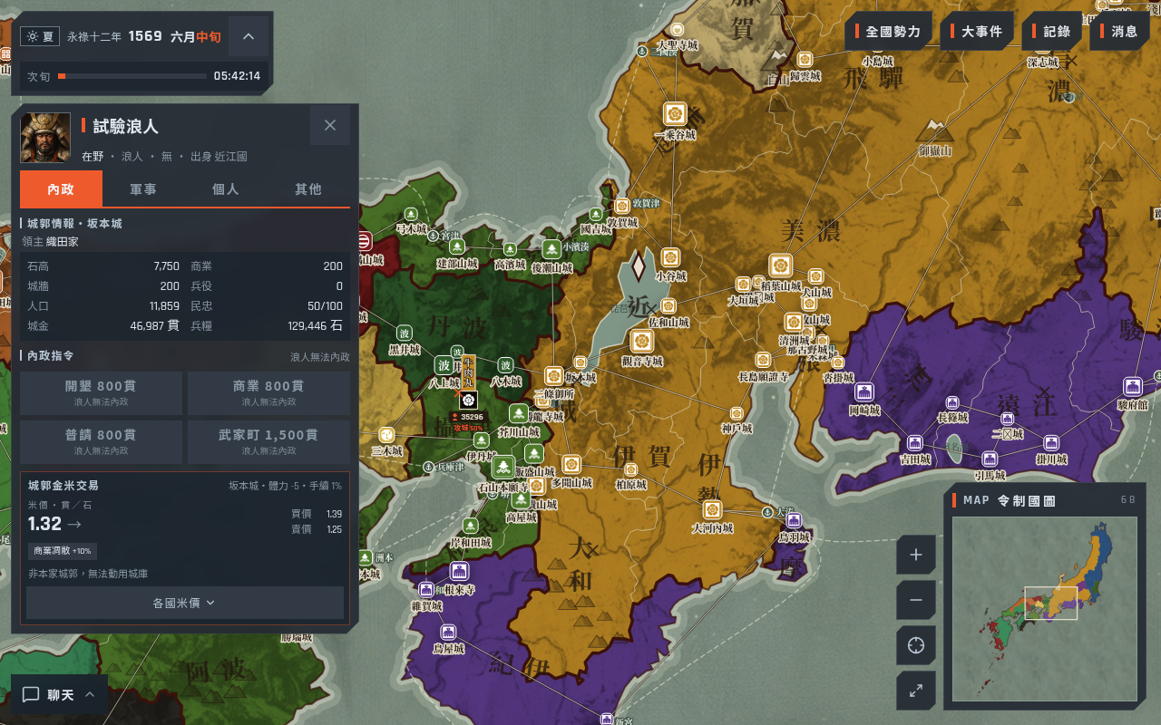 浪人的內政分頁,四個內政按鈕全部反灰,顯示浪人無法內政